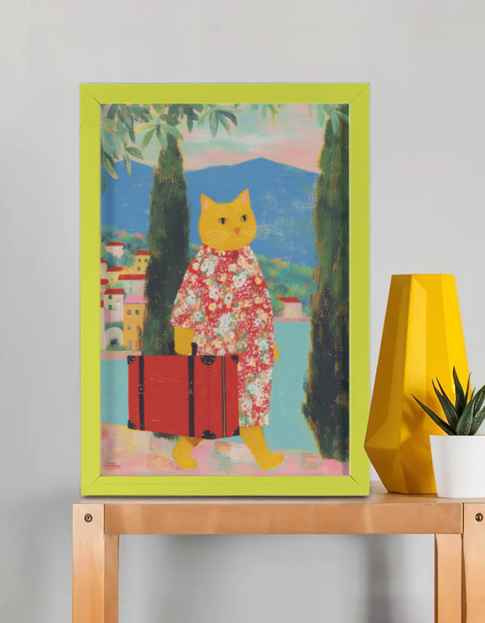 EverythingBoho Cat The Traveller Framed Poster (Olive Green)