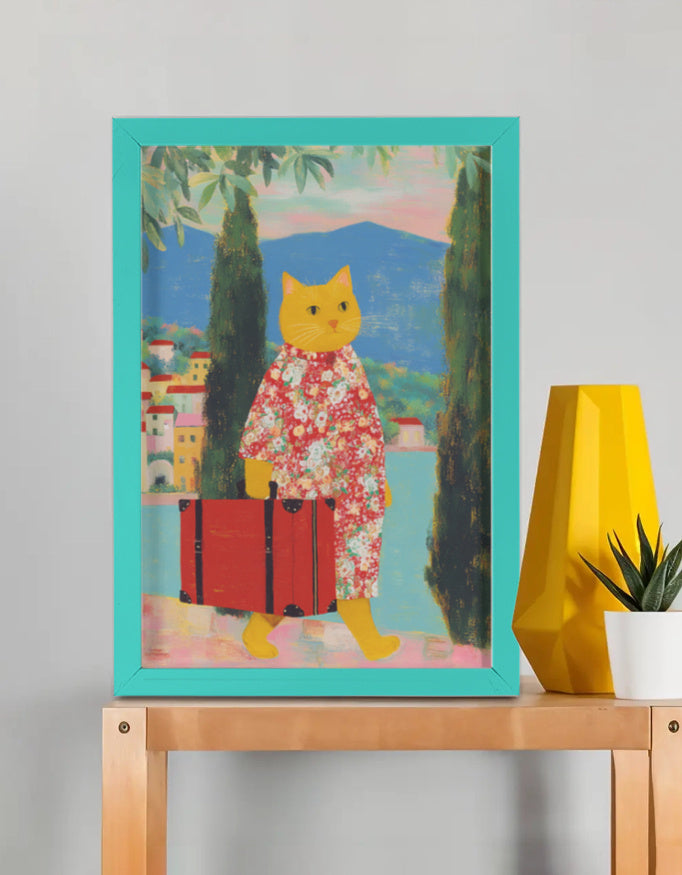 EverythingBoho Cat The Traveller Framed Poster (Bottle Green)