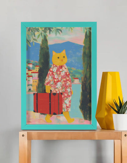 EverythingBoho Cat The Traveller Framed Poster (Bottle Green)