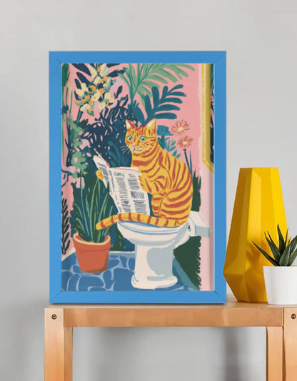 EverythingBoho The News Hungry Cat Wall Art (Royal Blue)