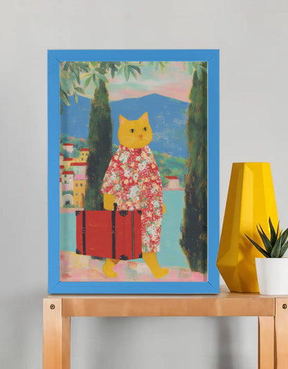 EverythingBoho Cat The Traveller Framed Poster (Royal Blue)