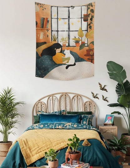 EverythingBoho Dreamy Reader & Cat Tapestry Wall Art