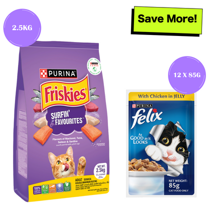 Friskies Surfin Cat Dry Food and Purina Felix Chicken with Jelly Adult Cat Wet Food Combo