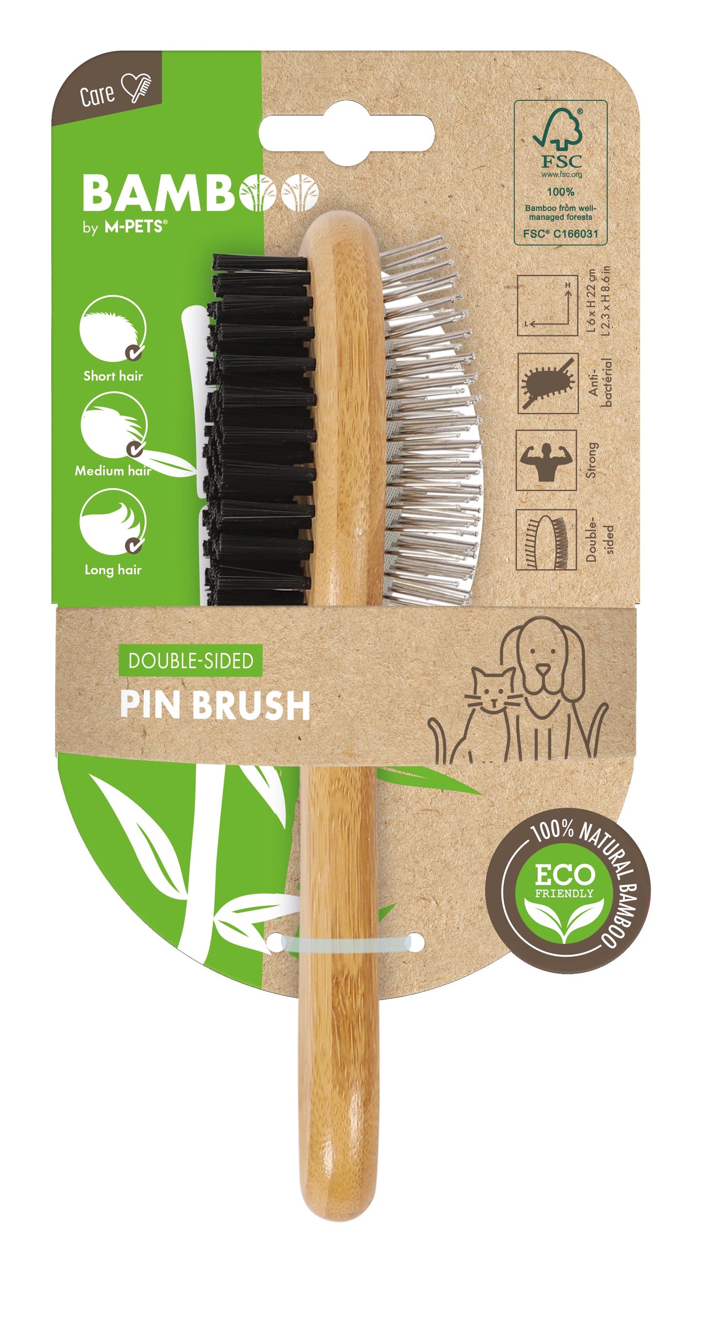 M PETS Bamboo Ball Pin Double Sided Grooming Brush for Dogs and Cats (Brown)