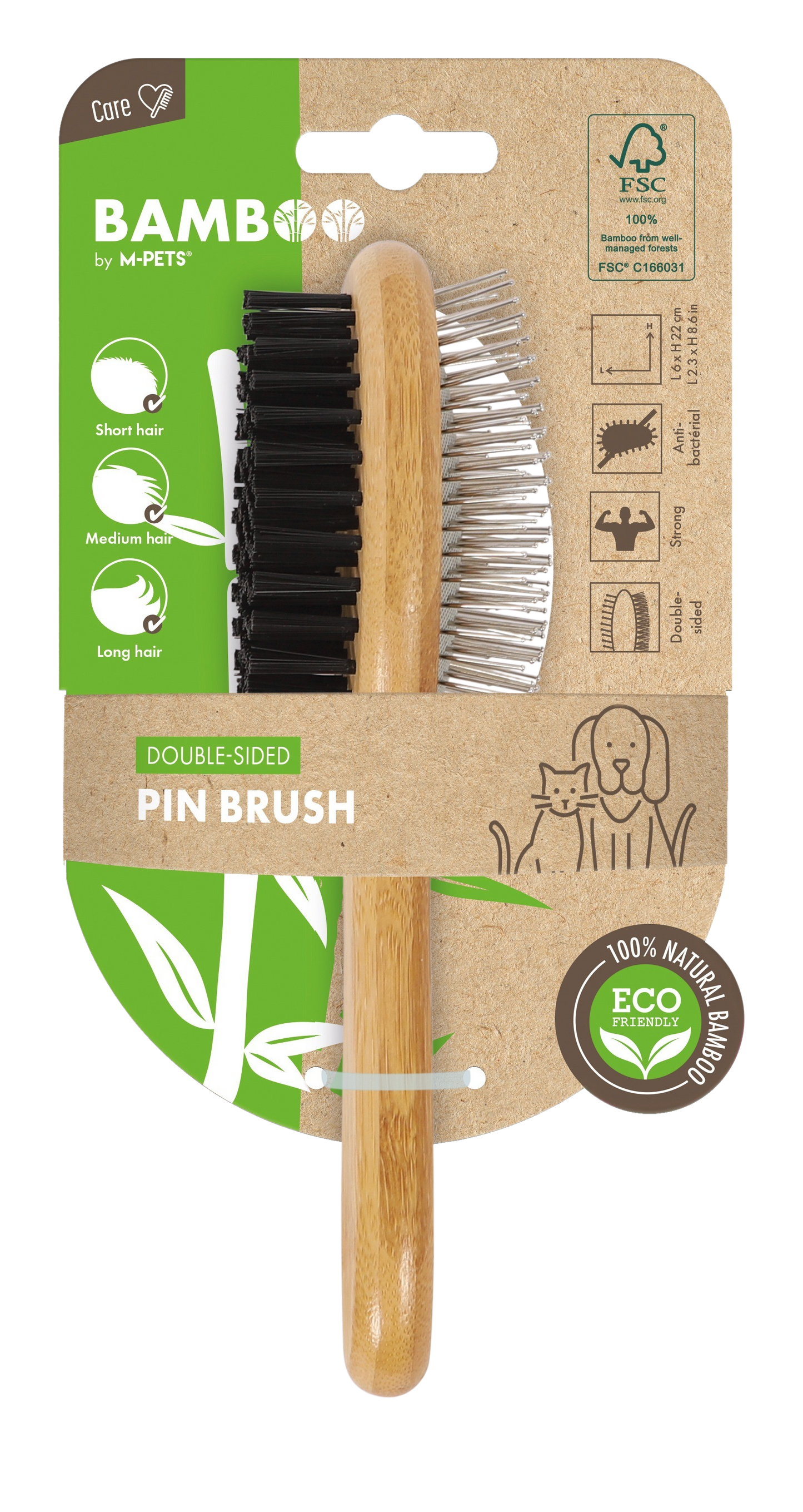 M PETS Bamboo Ball Pin Double Sided Grooming Brush for Dogs and Cats (Brown)