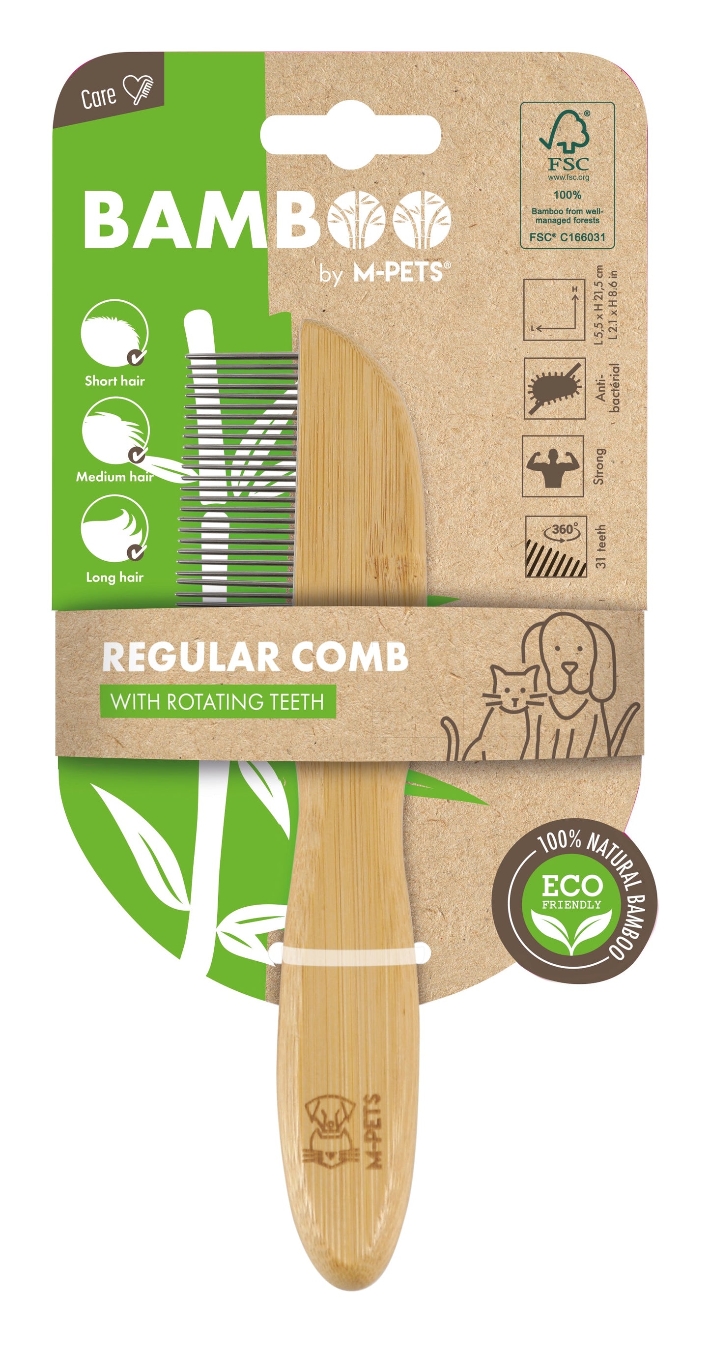 M PETS Bamboo Regular Comb With Rotating Teeth for Dogs and Cats (Brown)