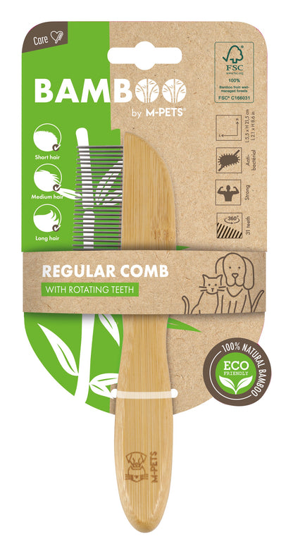 M PETS Bamboo Regular Comb With Rotating Teeth for Dogs and Cats (Brown)