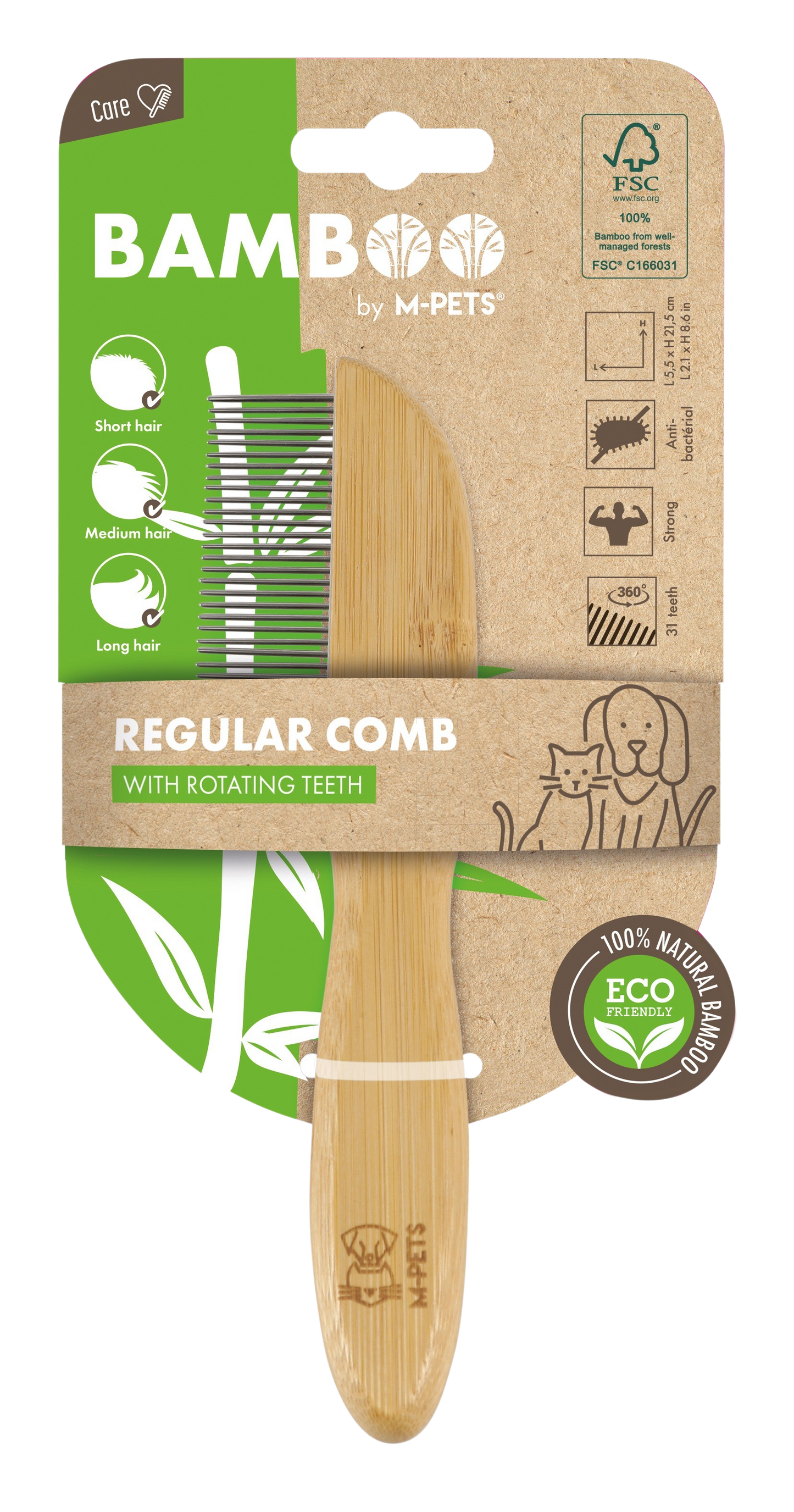 M PETS Bamboo Regular Comb With Rotating Teeth for Dogs and Cats (Brown)