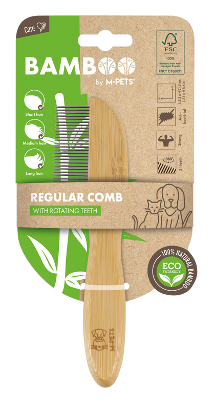 M PETS Bamboo Regular Comb With Rotating Teeth for Dogs and Cats (Brown)