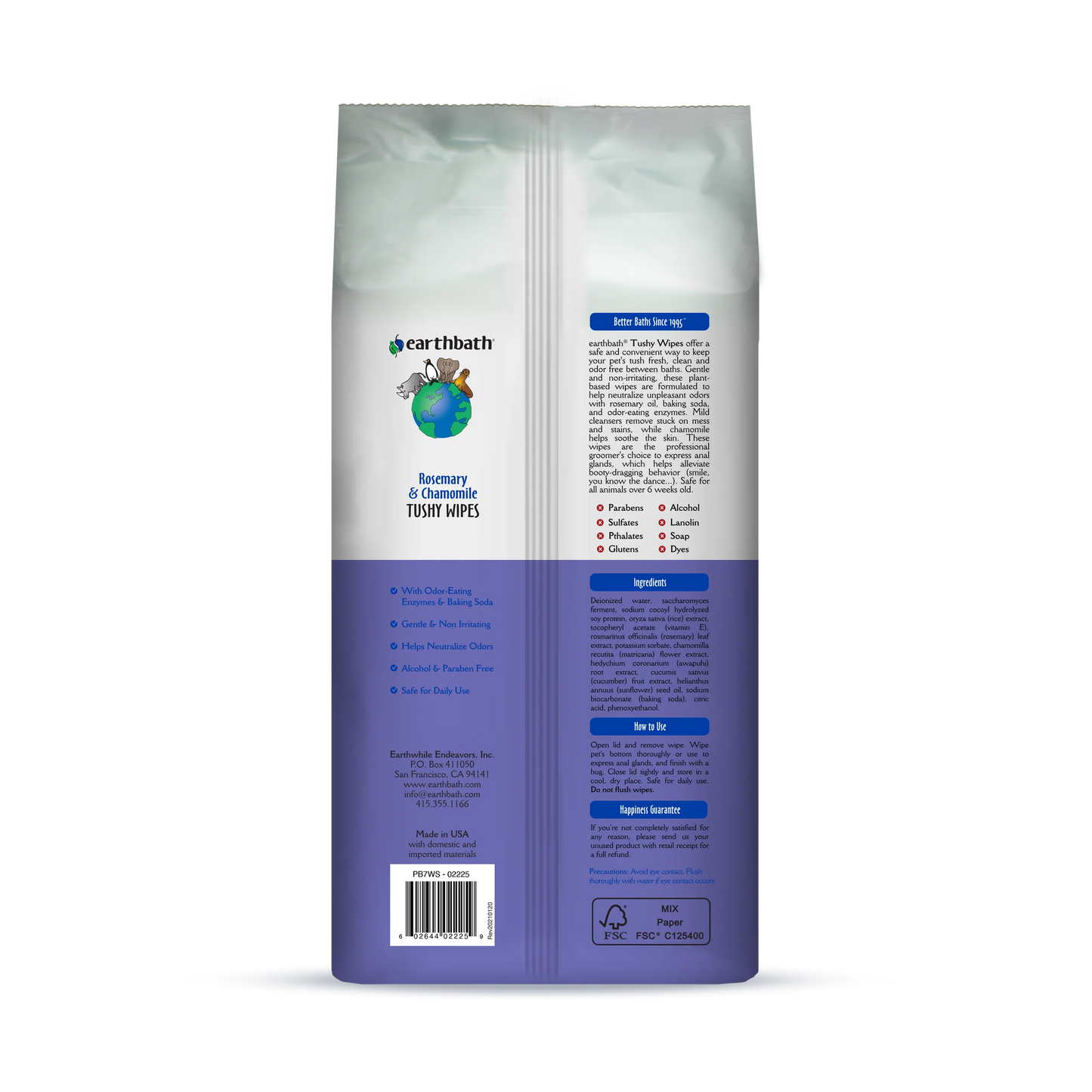 EarthBath Rosemary and Chamomile Scented Tushy Wipes for Dogs and Cats
