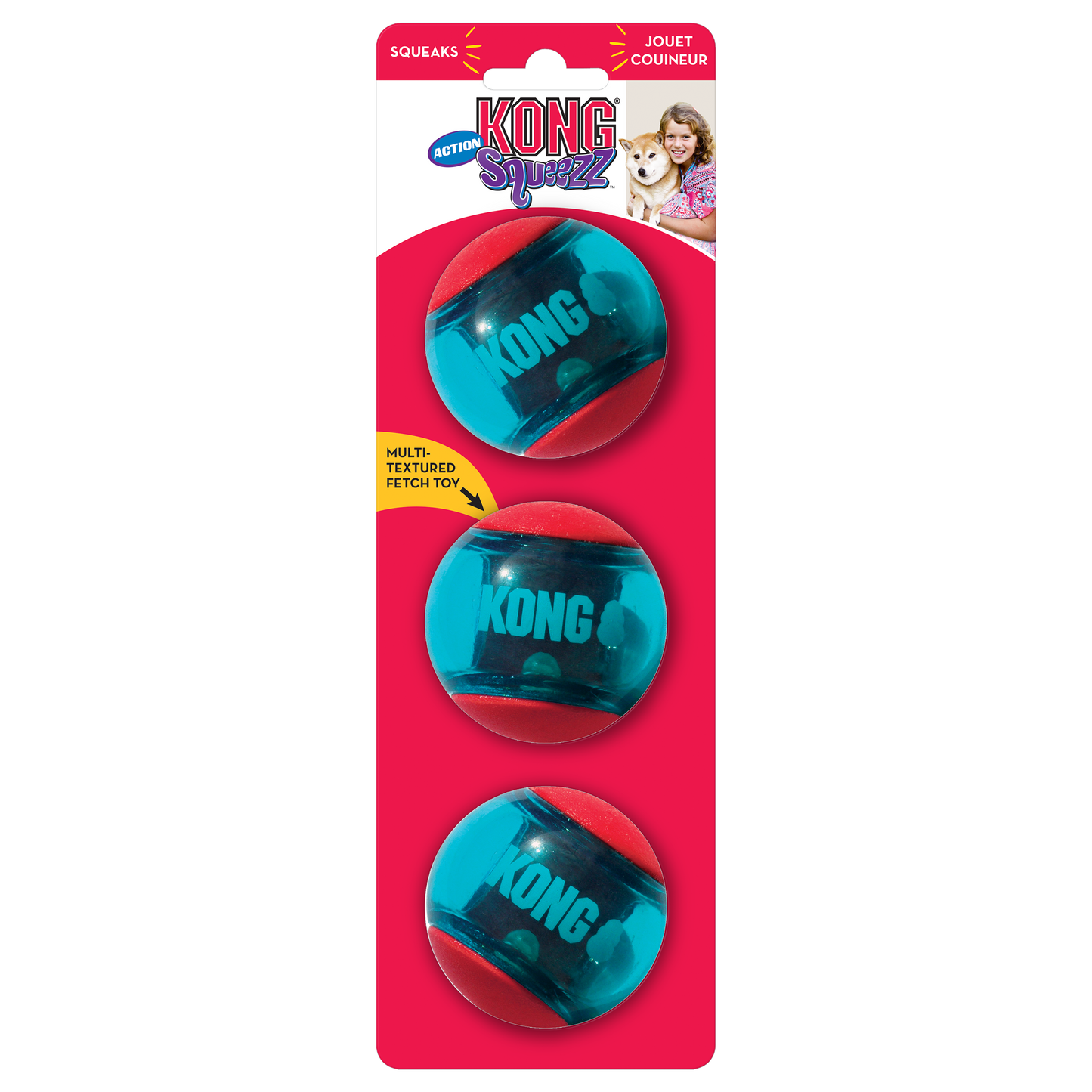 Kong Squeezz Action Ball 3pk Toy for Dogs (Red & Blue)