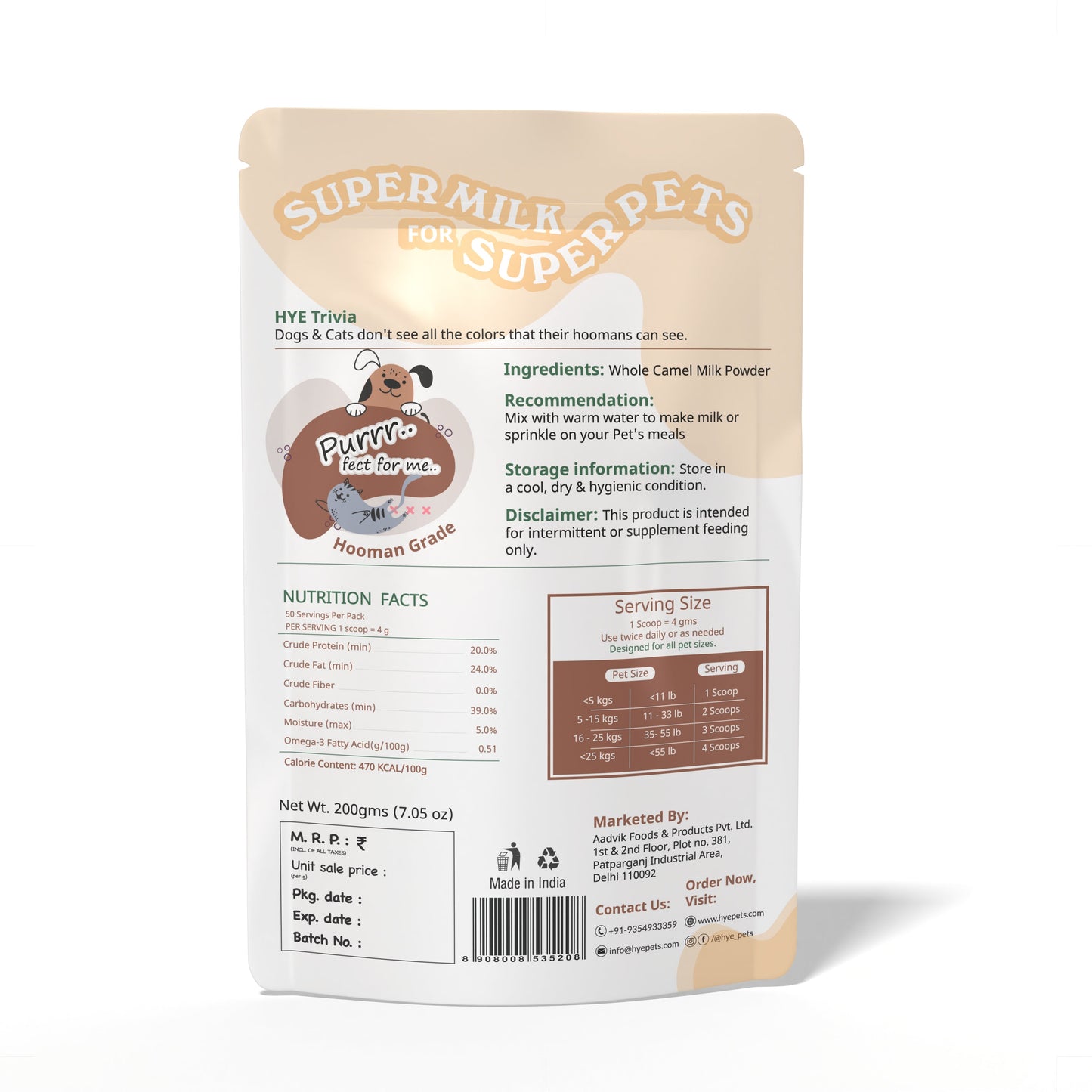 HYE Pets Nutrient Rich Full Fat Camel Milk Powder for Dogs and Cats