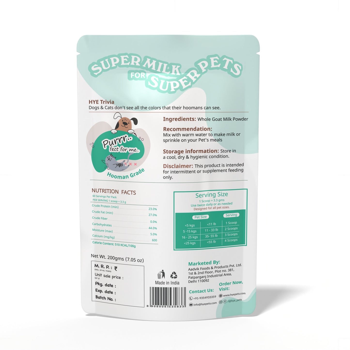 HYE Pets Nutrient-Rich Full Fat Goat Milk Powder for Dogs and Cats