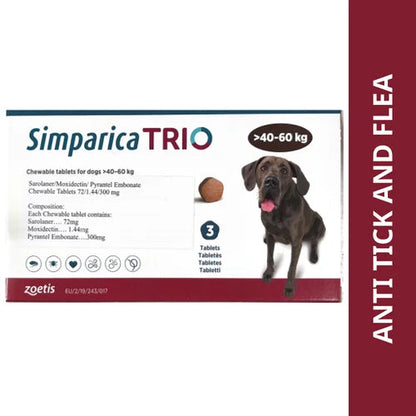 Zoetis Simparica Trio (Sarolaner) Tick & Flea Control Tablet for (40 to 60kg) Dogs (3 tablets)