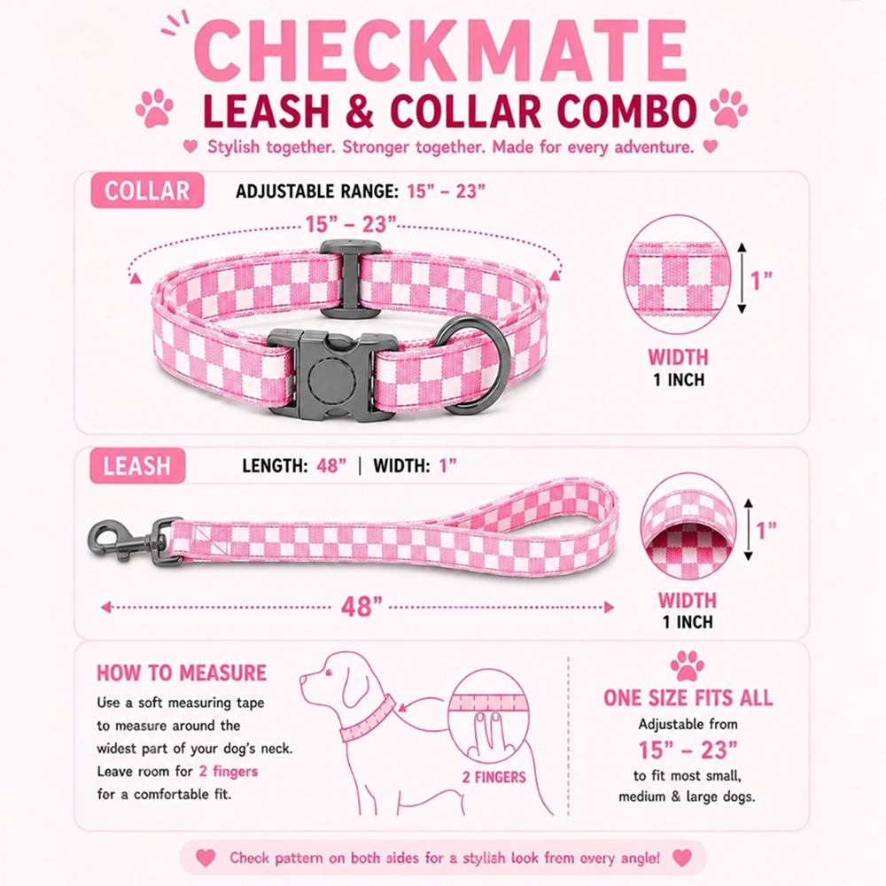 Talking Dog Club Checkmate Leash and Collar Combo (Pink)