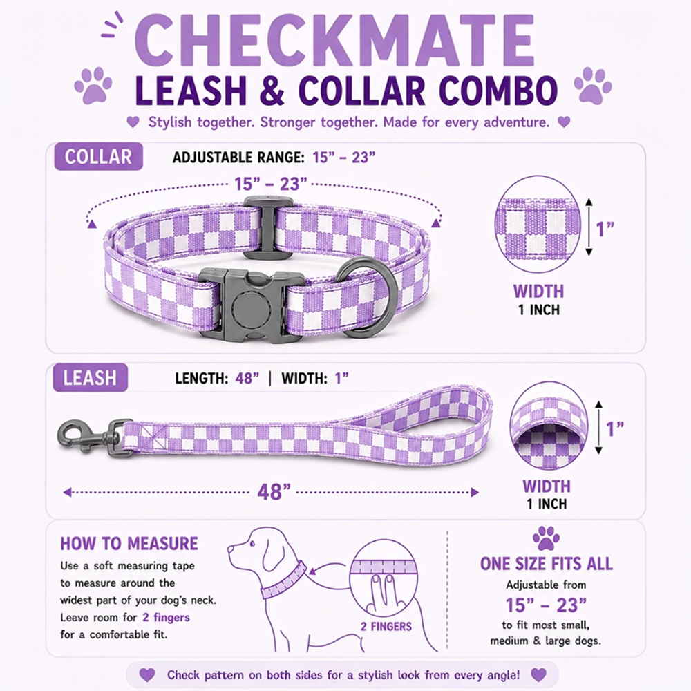 Talking Dog Club Checkmate Leash and Collar Combo (Purple)