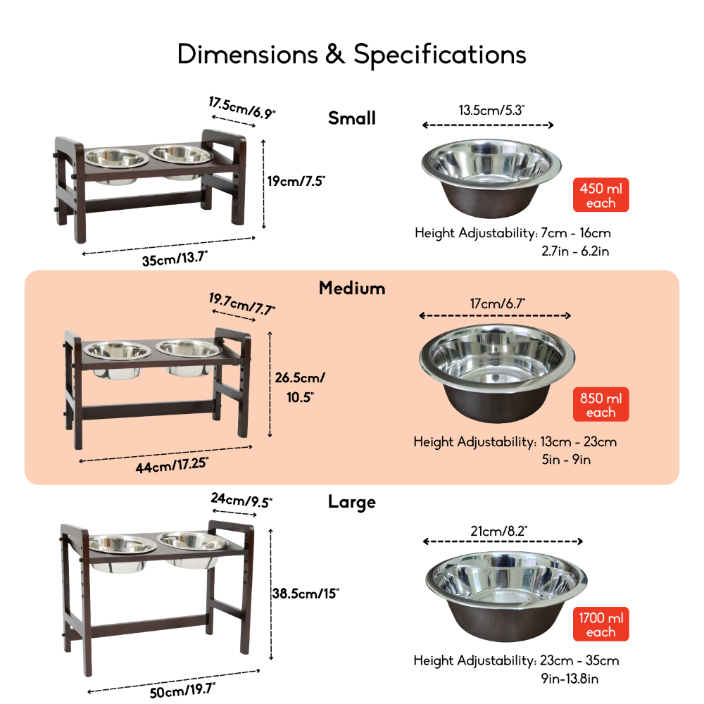 FurryLiving Linea Adjustable Elevated Raised Feeder with 2 Bowls for Dogs and Cats (Dark Brown)