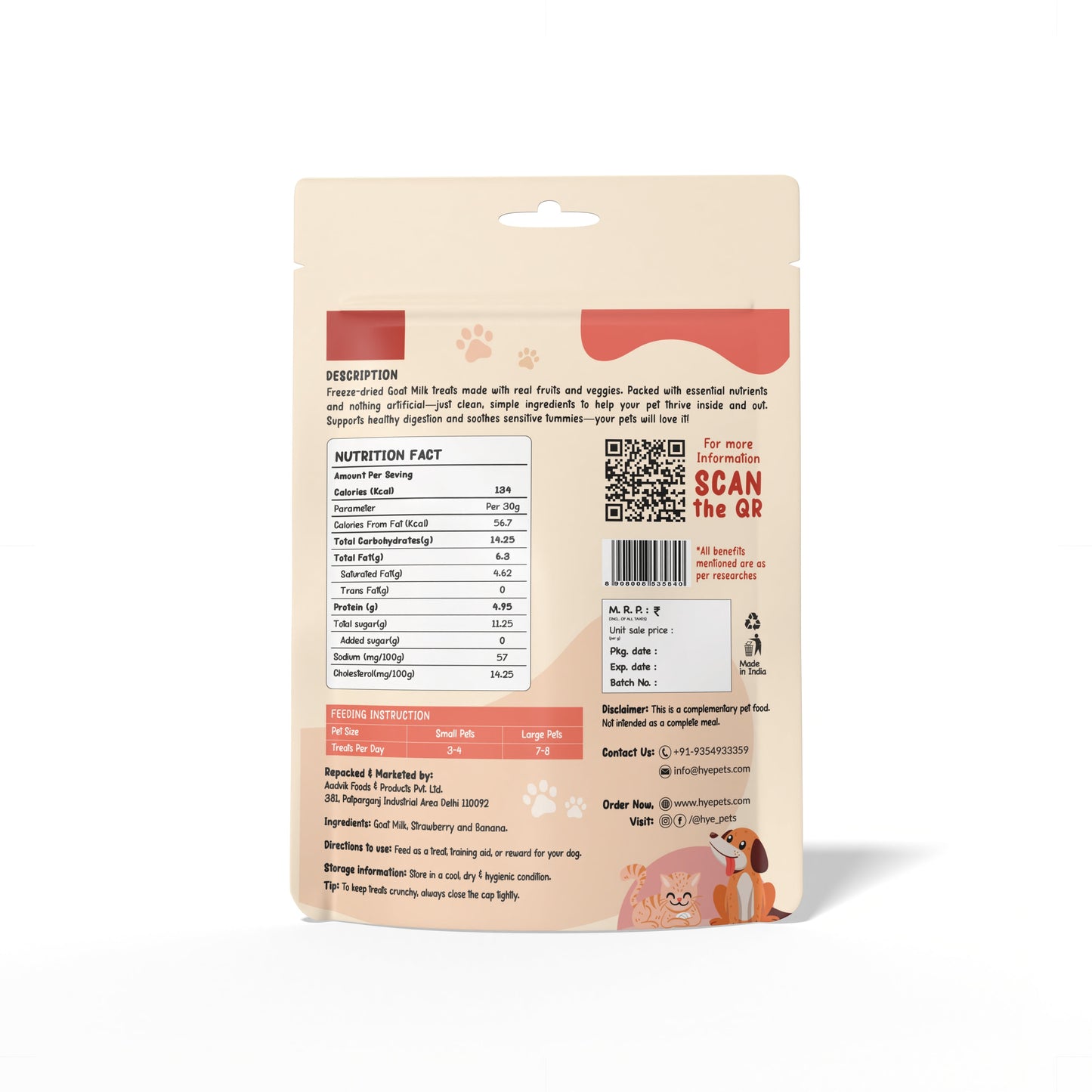 HYE Pets Freeze Dried Treats with Goat Milk, Strawberry, and Banana for Dogs and Cats