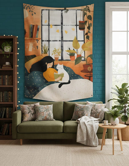 EverythingBoho Dreamy Reader & Cat Tapestry Wall Art