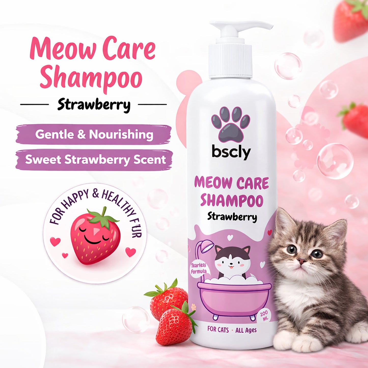 Bscly Strawberry Meow Care Shampoo for Cats