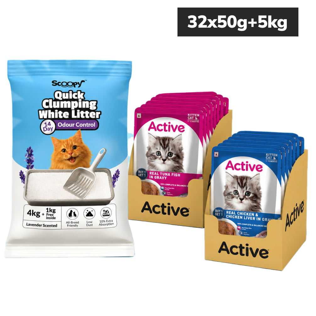 Active Real Chicken, Chicken Liver & Tuna fish Wet Food with Scoopy Bentonite Litter Combo for Cats