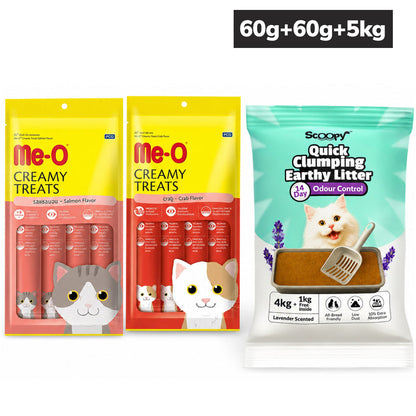 Me O Creamy Crab & Salmon Treats with Scoopy Lavender Litter Combo for Cats
