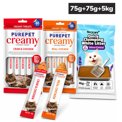 Purepet Crab, Chicken Lickable Treats with Scoopy Lavender Bentonite Litter Combo for Cats