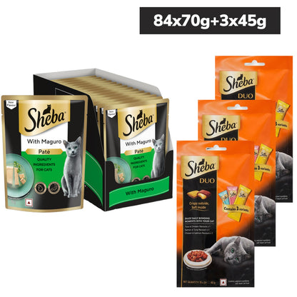 Sheba Maguro Pate Wet Food and Duo Tuna & Chicken, Salmon & Tuna, Chicken & Salmon Crunchy Treats Combo for Adult Cat