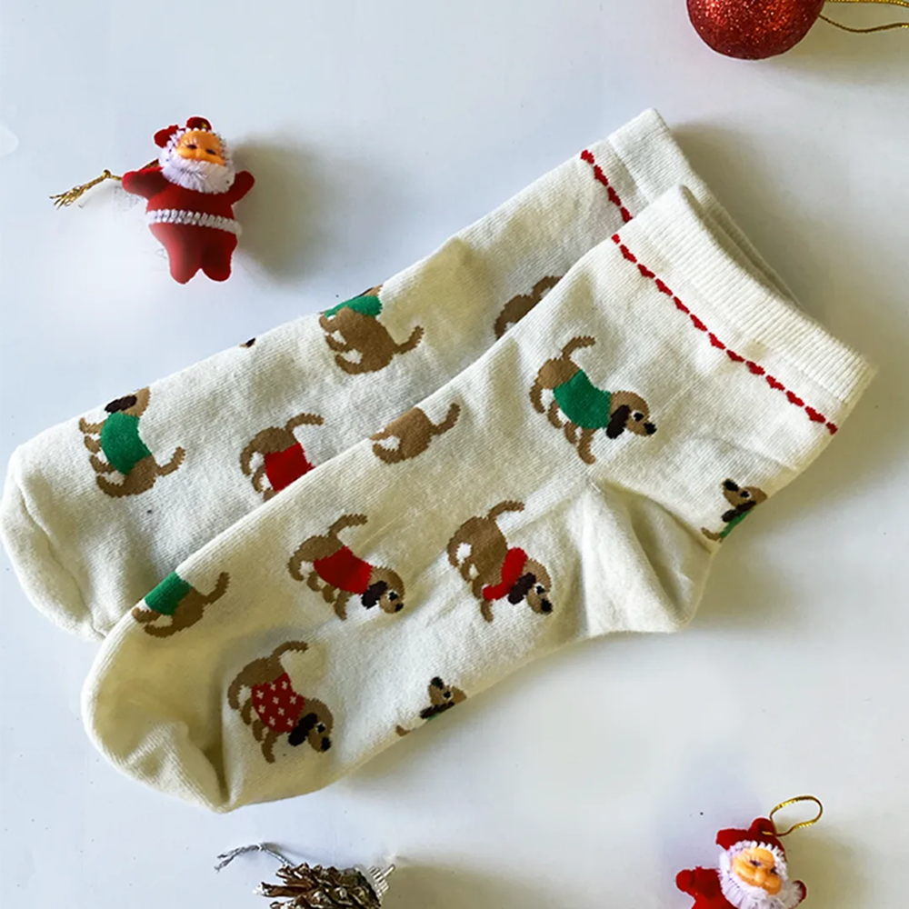 thePack Dog Themed Ankle Length Socks (Cream)