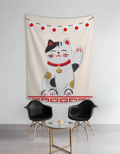 EverythingBoho Maneki Neko Good Luck Cat Japanese Tapestry Wall Art