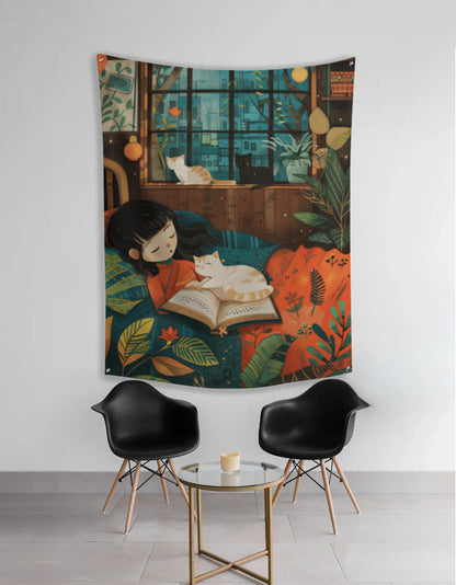 EverythingBoho Girl & Cat Reading Corner Tapestry Wall Art
