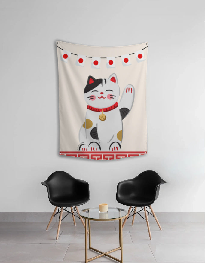 EverythingBoho Maneki Neko Good Luck Cat Japanese Tapestry Wall Art