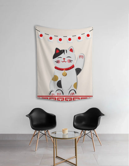 EverythingBoho Maneki Neko Good Luck Cat Japanese Tapestry Wall Art