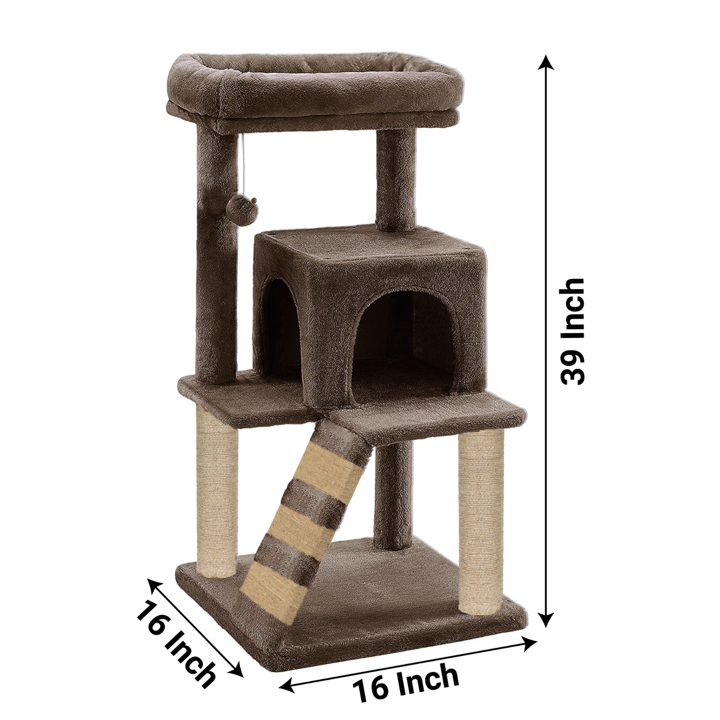 Furrlovers Fur Fabric Cat Tree with Ladder, Hanging Toy & Jute Rope Scratching Post (Brown)