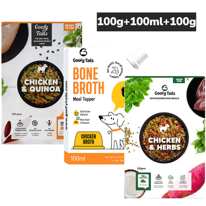 Goofy Tails Chicken & Quinoa and Chicken Bone Broth and Chicken & Herbs Grain Free Combo Dogs and Puppies Fresh Food