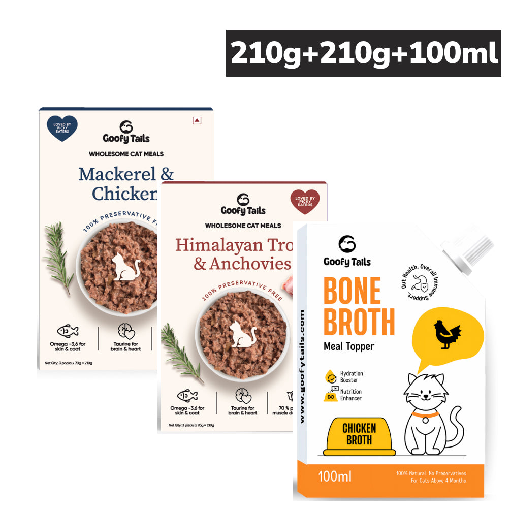 Goofy Tails Mackerel & Chicken and Himalayan Trout & Anchovies Meals and Chicken Bone Broth 100ml Combo for Cats