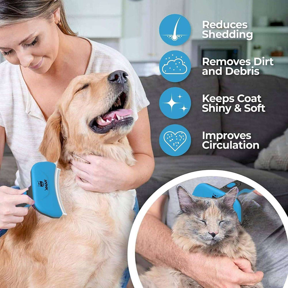 Hank Curved Shape Self Cleaning Deshedder Brush shedding for Dogs (Blue)