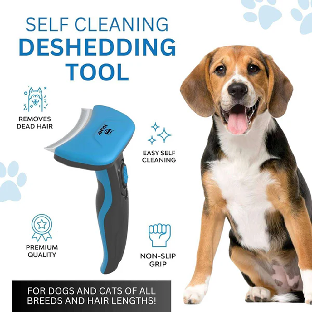Hank Curved Shape Self Cleaning Deshedder Brush shedding for Dogs (Blue)