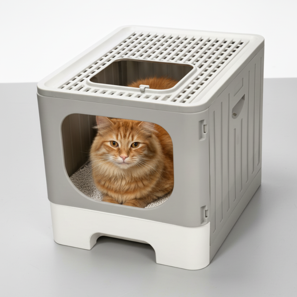 Skatrs Foldable Covered Cat Litter Box with Anti-Spill Tray Easy Cleaning Spacious Design Top and Side Openings Litter Tray for Cats and Kittens