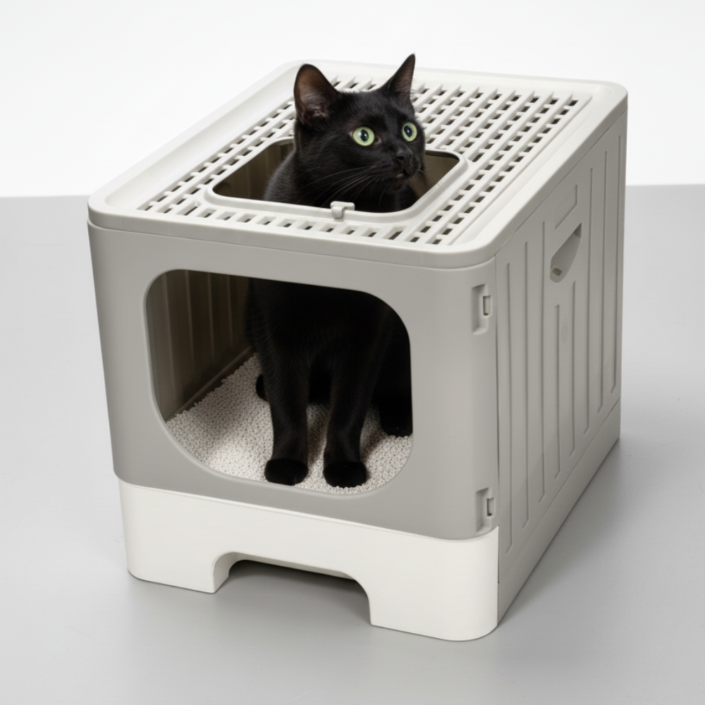 Skatrs Foldable Covered Cat Litter Box with Anti-Spill Tray Easy Cleaning Spacious Design Top and Side Openings Litter Tray for Cats and Kittens