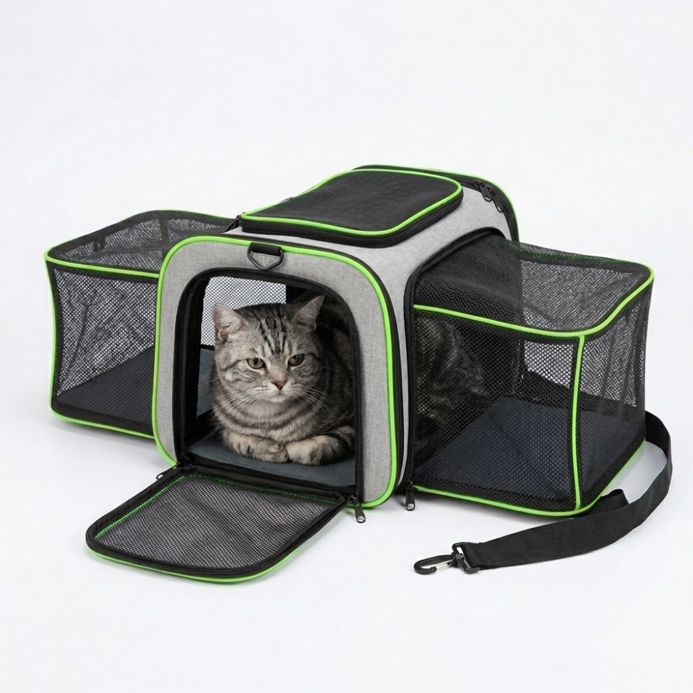 Skatrs Foldable Expandable Pet Travel Carrier Bag for Small Dogs, Adult Cats & Kittens (Grey with Neon Green)