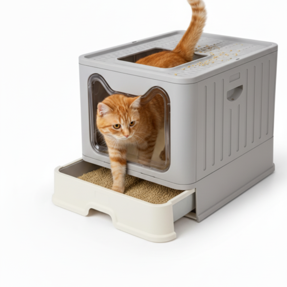 Skatrs Foldable Covered Cat Litter Box with Anti-Spill Tray Easy Cleaning Spacious Design Top and Side Openings Litter Tray for Cats and Kittens