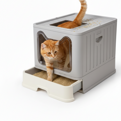 Skatrs Foldable Covered Cat Litter Box with Anti-Spill Tray Easy Cleaning Spacious Design Top and Side Openings Litter Tray for Cats and Kittens
