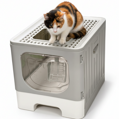 Skatrs Foldable Covered Cat Litter Box with Anti-Spill Tray Easy Cleaning Spacious Design Top and Side Openings Litter Tray for Cats and Kittens