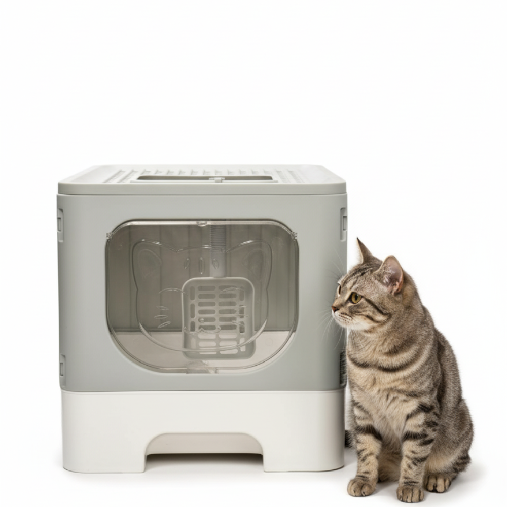 Skatrs Foldable Covered Cat Litter Box with Anti-Spill Tray Easy Cleaning Spacious Design Top and Side Openings Litter Tray for Cats and Kittens