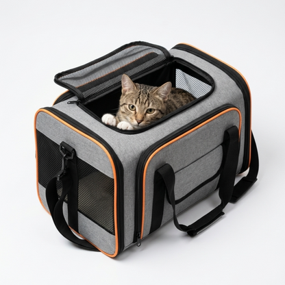 Skatrs Foldable Expandable Pet Travel Carrier Bag for Small Dogs, Adult Cats & Kittens (Grey with Orange)