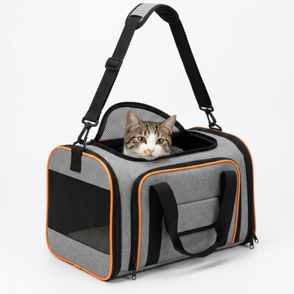 Skatrs Foldable Expandable Pet Travel Carrier Bag for Small Dogs, Adult Cats & Kittens (Grey with Orange)