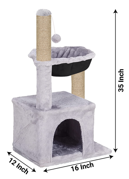 Furrlovers Plush Activity Cat Tree with Condo, Hammock & Jute Rope Scratching Posts for Kittens (Grey)